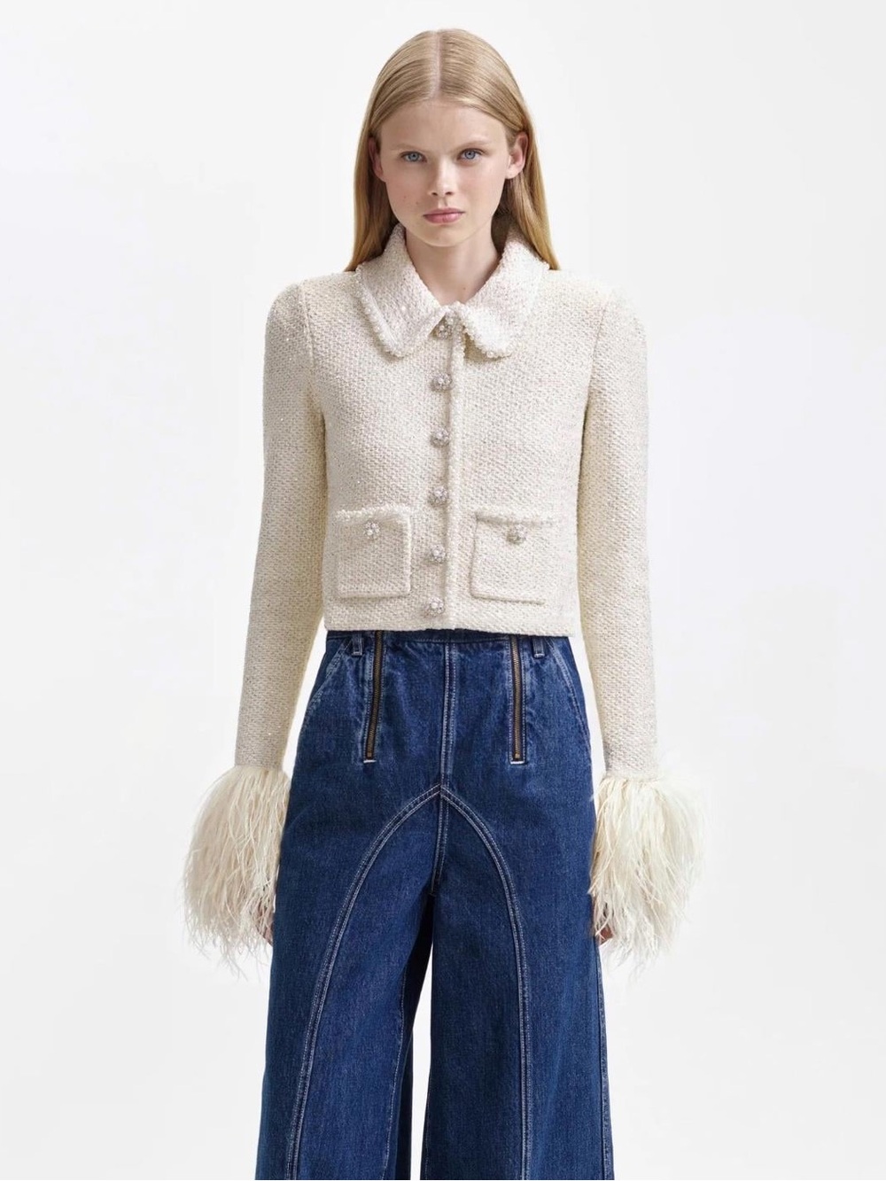 Self Portrait CREAM SEQUIN PEARL CROPPED
FEATHER CARDIGAN - Size S